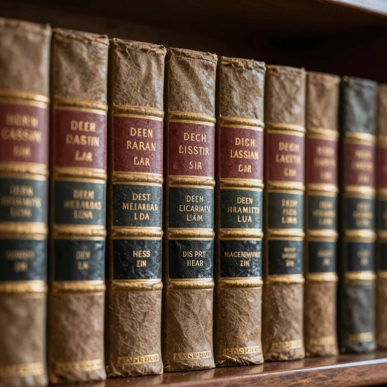 A collection of classic law books on a shelf, with titles embossed in soft gold, symbolizing deep legal knowledge.
