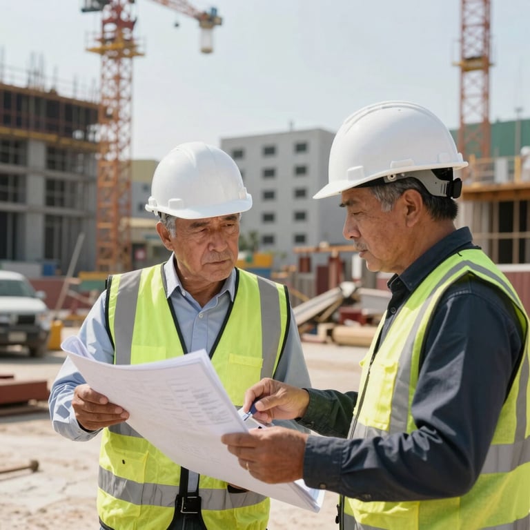 Two senior civil engineers in white hard hats discussing plans at a massive Mexican construction site.