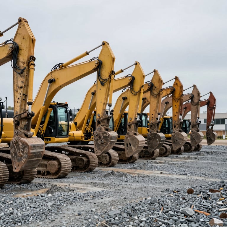 A fleet of heavy construction machinery lined up perfectly on a soft grey gravel field, showing reliability.