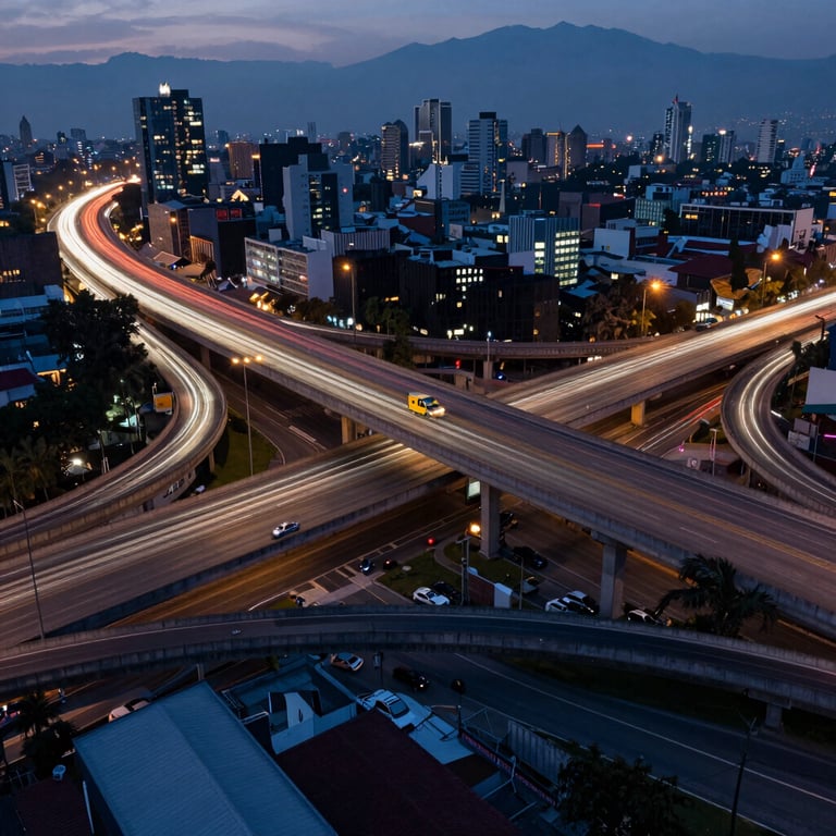 A sprawling highway interchange at dusk in Mexico City, with trails of lights and navy blue architectural shadows.