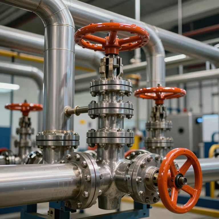 Close-up of a high-tech industrial energy plant featuring polished steel pipes and safety orange valves.