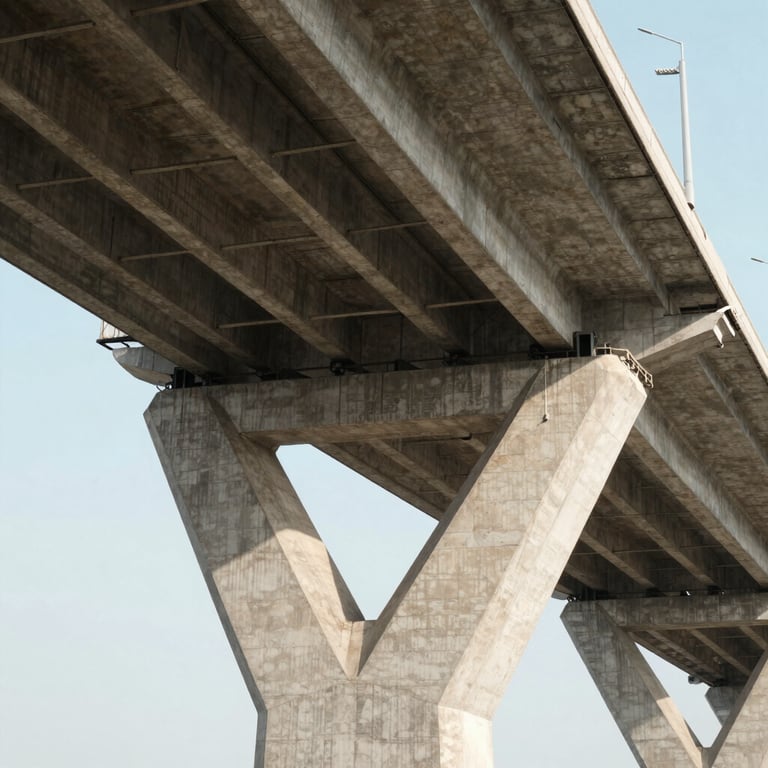 Modern urban bridge architecture with geometric concrete supports under bright daylight.