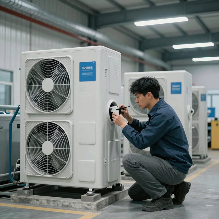 Modern industrial HVAC system maintenance in a large retail facility, professional lighting with Soft Grey tones.