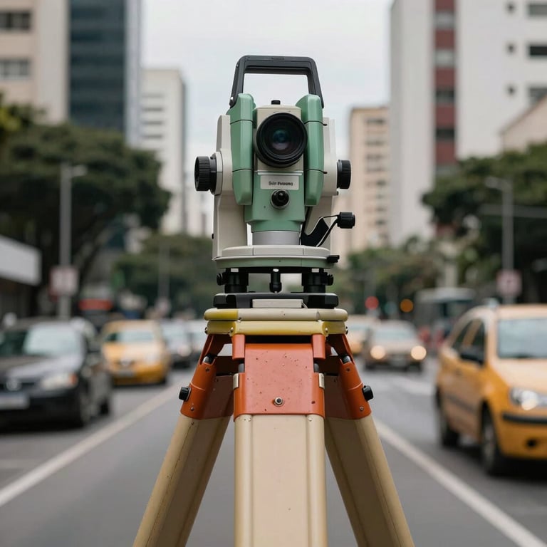 Close-up of geodetic equipment being used for land surveying in an urban São Paulo setting.