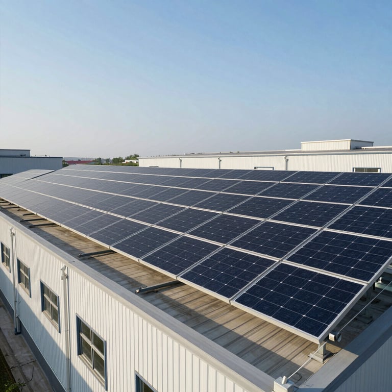 Sustainable energy installation with solar panels on an industrial rooftop under a clear sky.