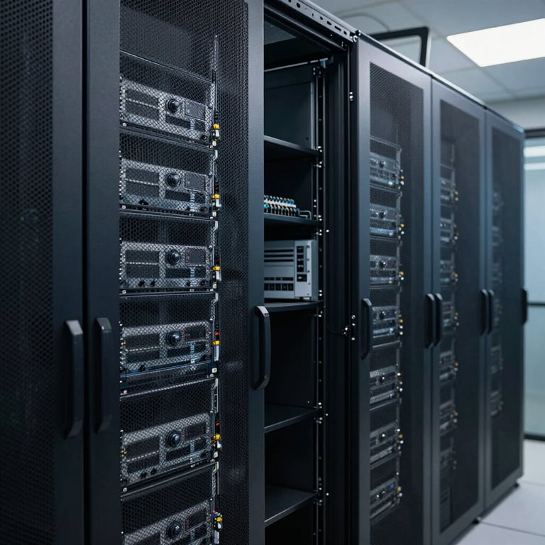 View of a sophisticated data center server room with precision cooling and dark navy structural elements.