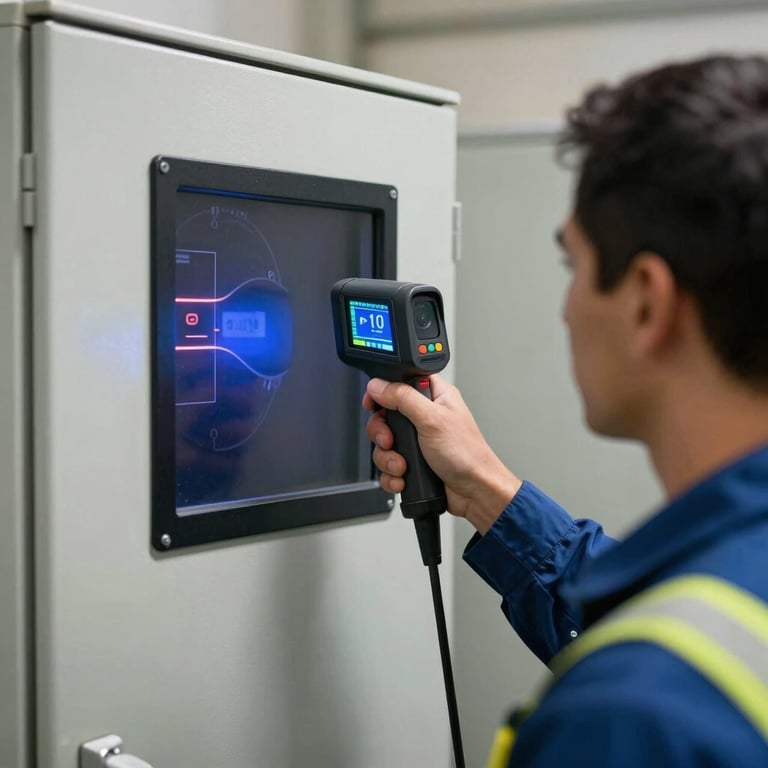 A South American / Brazilian technician performing thermography on a high-voltage electrical panel using a handheld thermal camera.