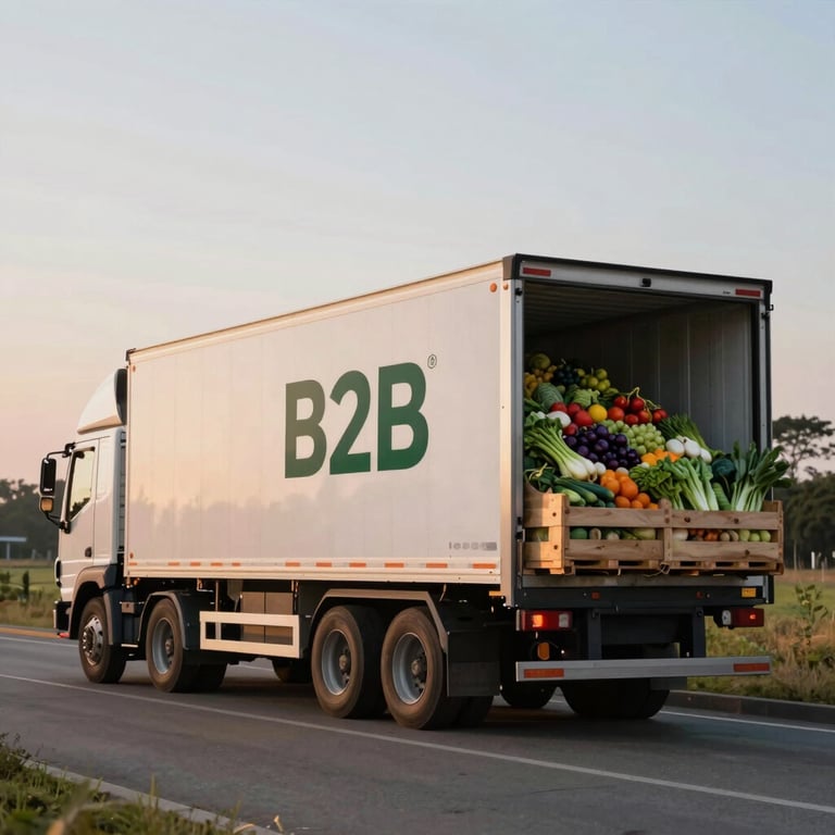 A wide shot of a logistics truck being loaded with produce at dawn, representing timely B2B delivery.