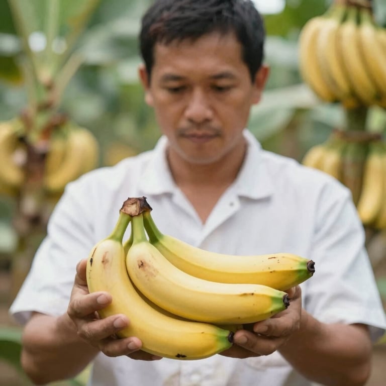A close-up of a worker in a clean uniform inspecting a bunch of bananas for quality control.