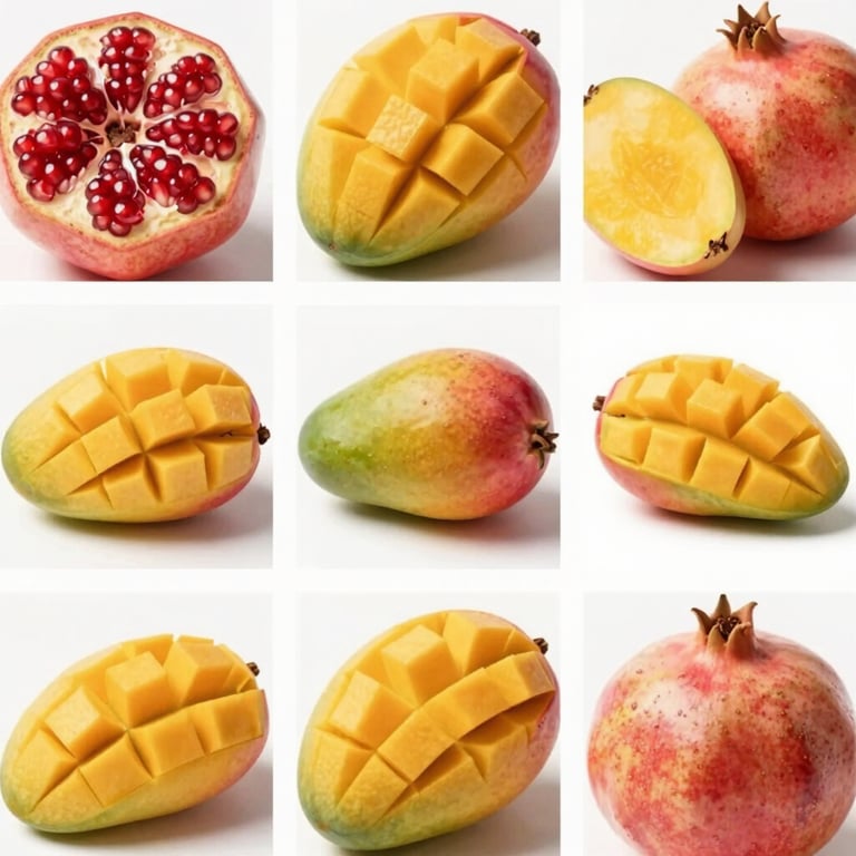 A flat-lay of exotic fruits including mangoes and pomegranates, highlighting the range of bulk export quality products.