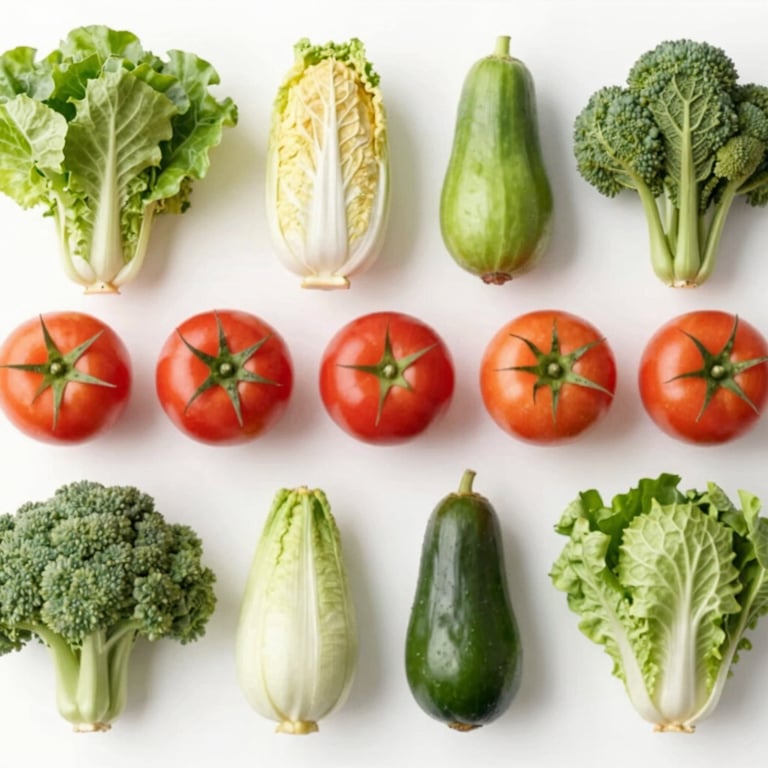 A top-down shot of assorted seasonal vegetables arranged neatly on a clean white surface, modern and professional.