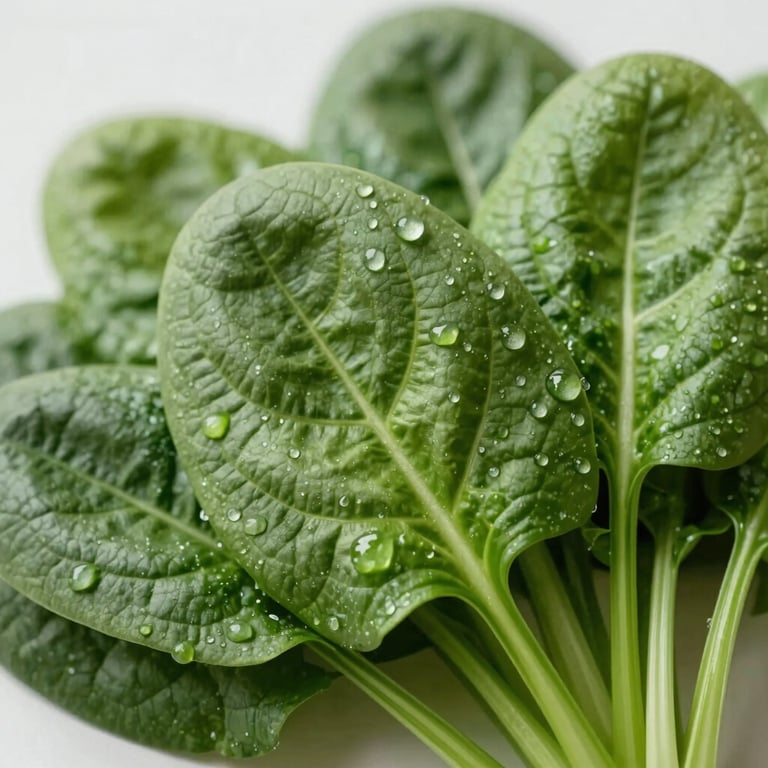 A macro shot of fresh, dew-covered green spinach leaves, emphasizing freshness and quality with vibrant #4C7F60 tones.