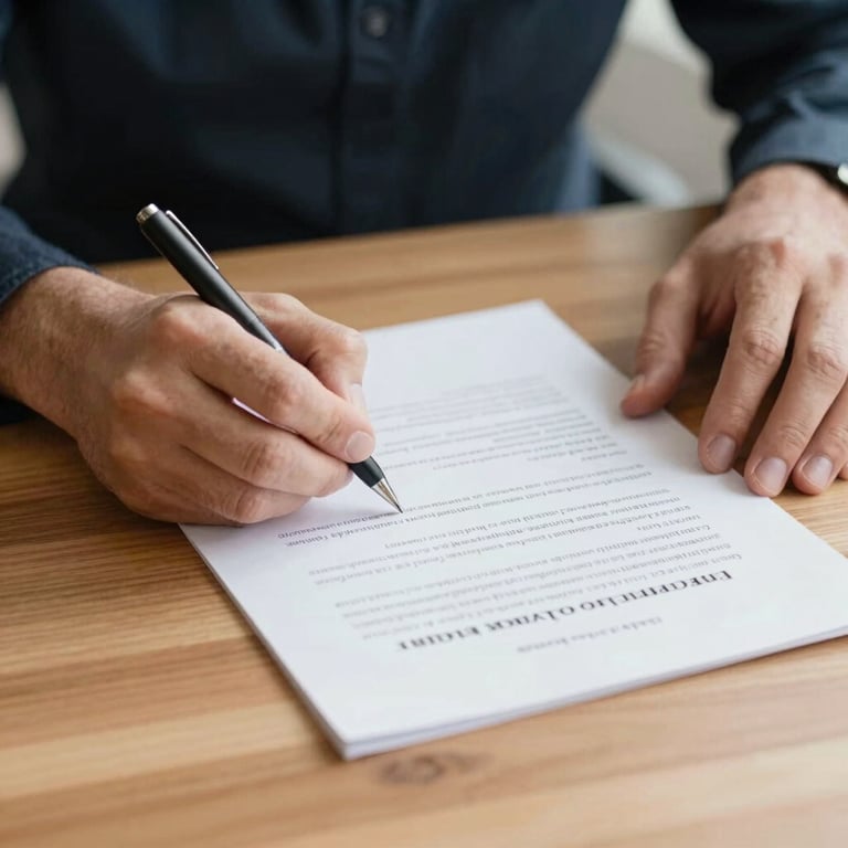 Close-up of hands signing a simple document on a clean oak desk, soft natural morning light, honest and unposed atmosphere.