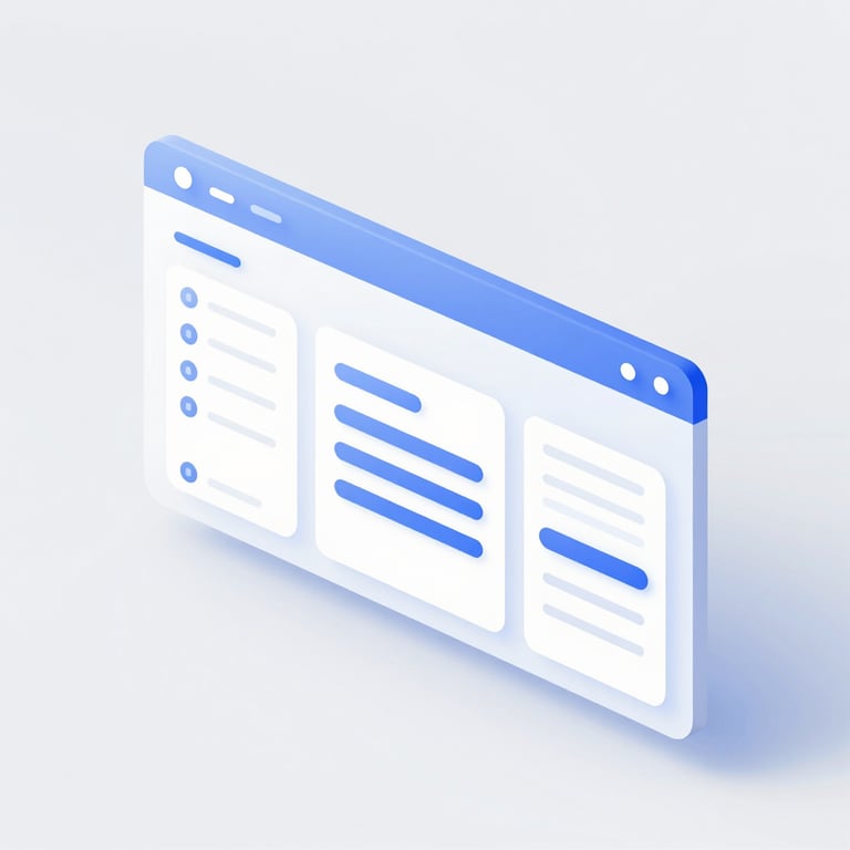 Minimalist tech 3d render of a clean vector UI editor interface with electric blue highlights, bright studio lighting, isometric view showing drag-and-drop elements.