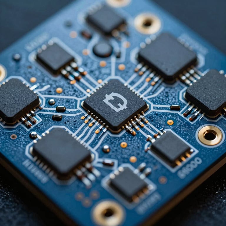 Macro shot of an intricate DC card, highlighting precision electronic components, industrial reliability, cool Steel Blue lighting.