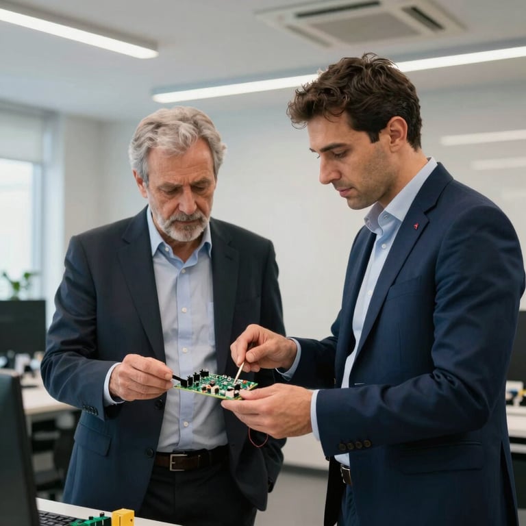 Engineers discussing a circuit board design in a modern Turkish / Anatolian office, Off-White and Dark Navy Blue color palette, professional and reliable mood.