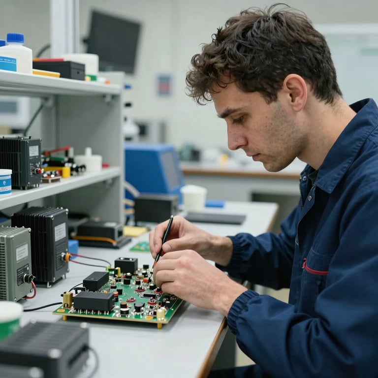 A skilled technician working on AC drivers in a clean Turkish / Anatolian electronic lab, Steel Blue highlights, focused expression, industrial professional photography.