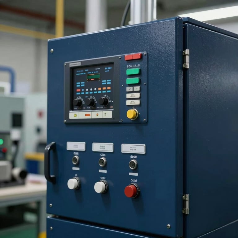 Close up of an advanced automation control panel, Dark Navy Blue background, modern industrial setting in a Turkish / Anatolian factory, precision engineering.