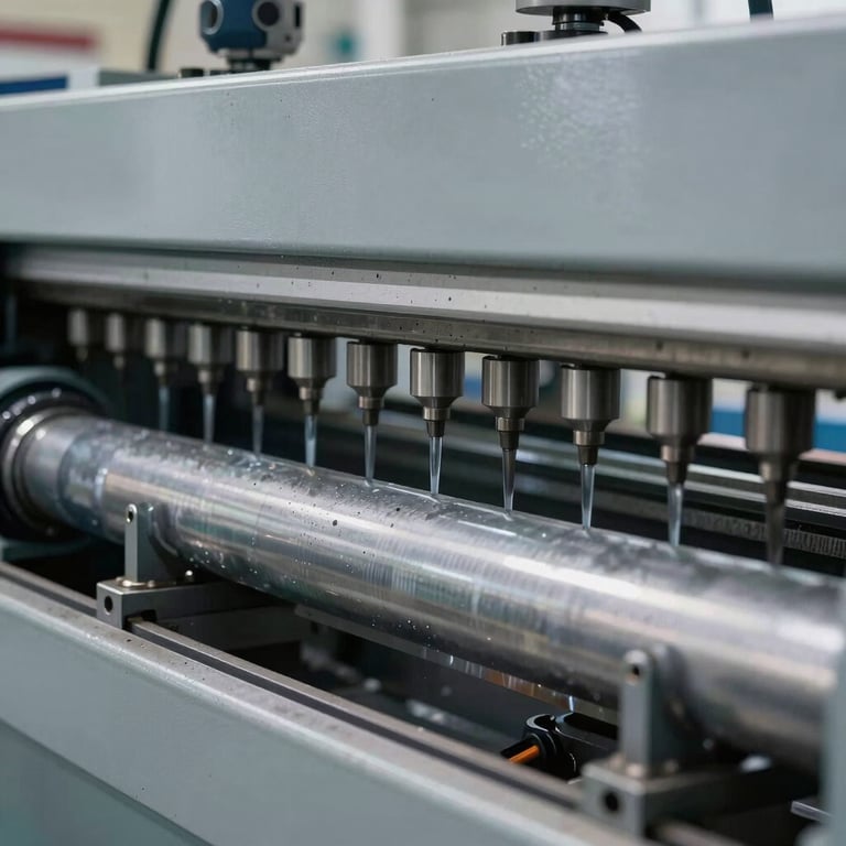 Pipes being processed by a pipe profile machine, high-tech industrial environment, Turkish / Anatolian manufacturing context, Light Steel Gray tones.