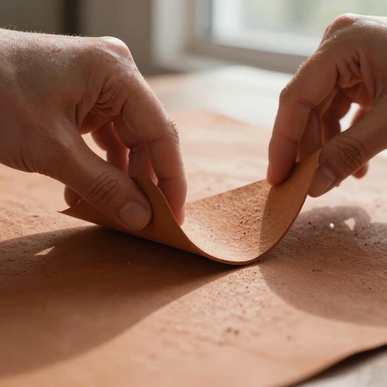 Macro shot of hands carefully folding textured terracotta-colored paper under soft morning window light, paper dust visible, warm shadows.