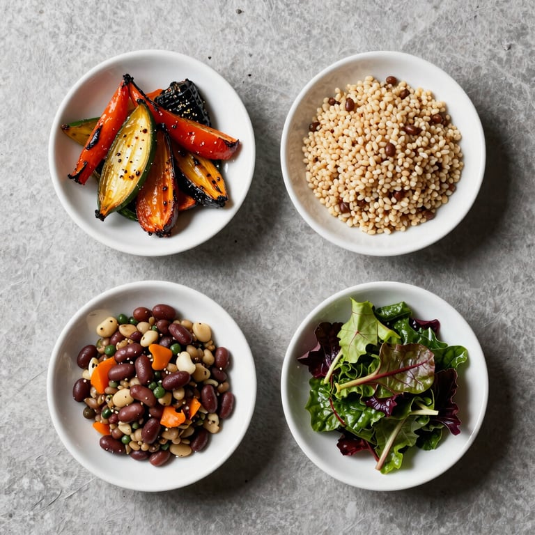 Overhead arrangement of four small white ceramic dishes each holding a distinct prepared component — roasted vegetables, a legume salad, a grain pilaf, and dressed leaves — on a pale grey slate surface under flat north-facing studio light, precise spacing, no garnish, no hands