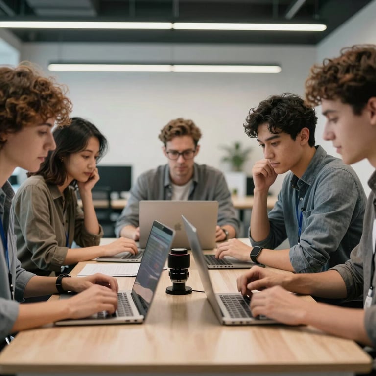 Focus on a digital collaboration table where people are working together in a tech-forward North American office environment.
