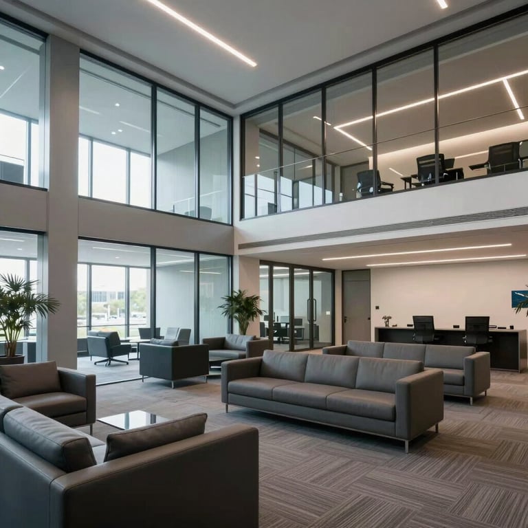 A wide shot of a modern, open-concept North American corporate headquarters with glass partitions and sophisticated furniture in gray blue tones.