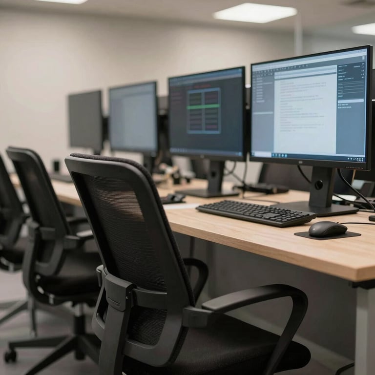 A close-up of a high-tech training room featuring ergonomic chairs and sleek monitor screens in a professional setting.