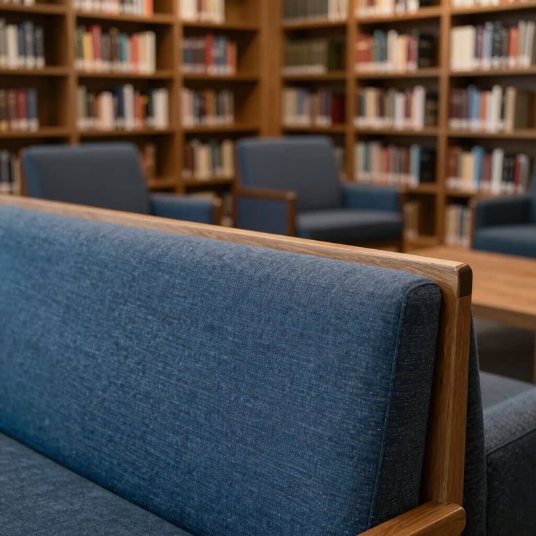 A detail shot of a professional library and lounge area within a sophisticated corporate office, highlighting textures of wood and slate blue fabric.