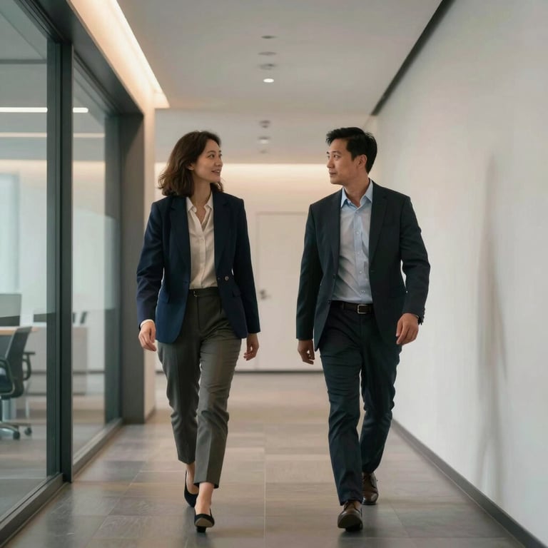 Two professionals in business casual attire walking through a minimalist hallway with architectural lighting in a North American tech hub.