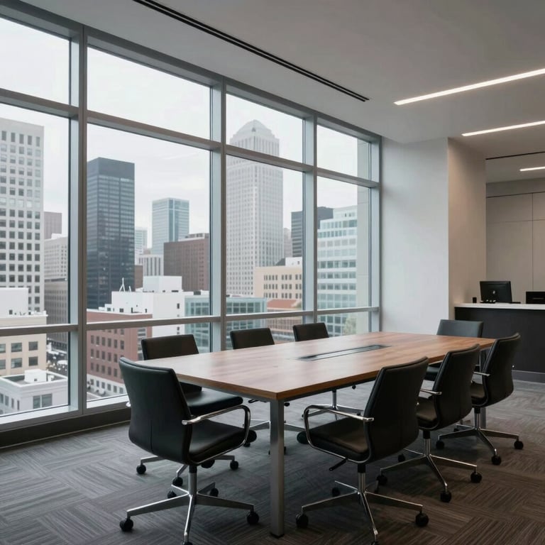 Modern meeting space with North American city views through floor-to-ceiling windows, featuring a clean and professional aesthetic.