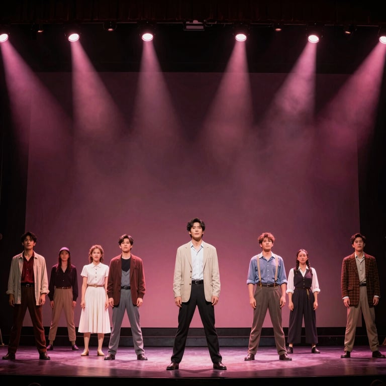 Full stage shot of a theater production with dynamic light cues featuring light pink and deep burgundy hues, focused on North American / US actors in a dramatic scene.