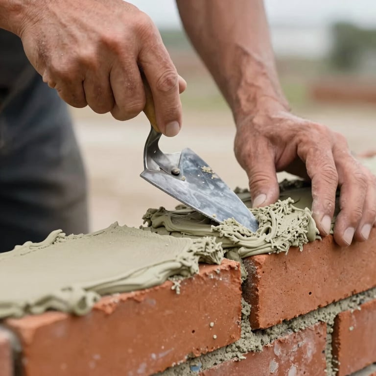 Close-up of a mason's hands using a tuckpointing trowel to strike fresh, light-gray lime mortar into a clean brick joint, overcast outdoor light.