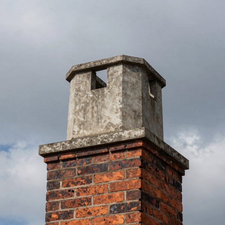 A newly reconstructed concrete chimney crown installed atop a historic brick chimney, shot from a low angle against a dramatic overcast sky.