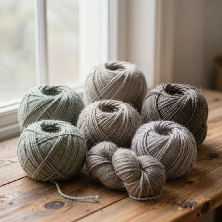 Skeins of naturally dyed sage and taupe wool arranged beautifully on a rustic wooden table under soft window light.