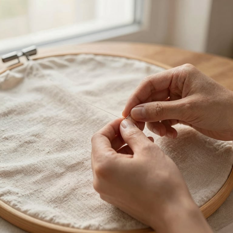 Close-up of hands gently stitching a custom linen portrait, soft warm morning light, wooden hoop.