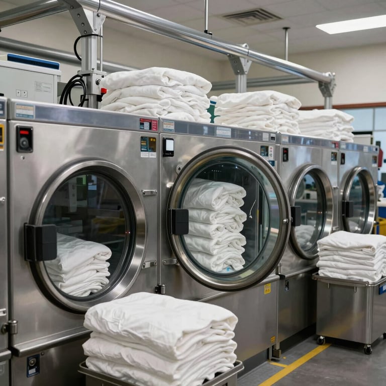 A commercial laundry facility in a North American / US hotel, organized with industrial machines and fresh linens.