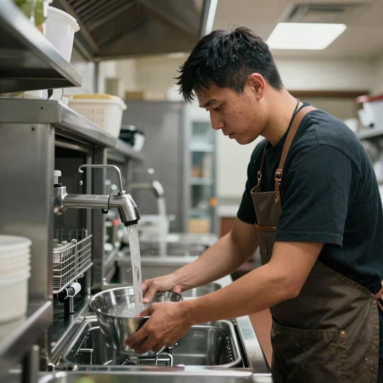 A professional dishwasher working efficiently in a busy North American / US restaurant kitchen environment.