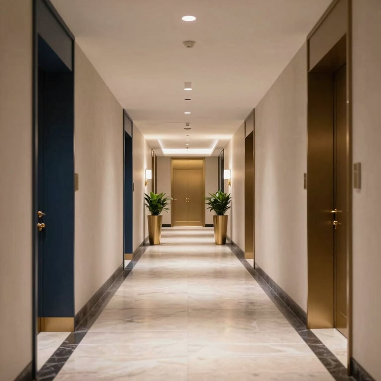 Clean hallways of a luxury hospitality building in North American / US, with soft gold and navy decor accents.