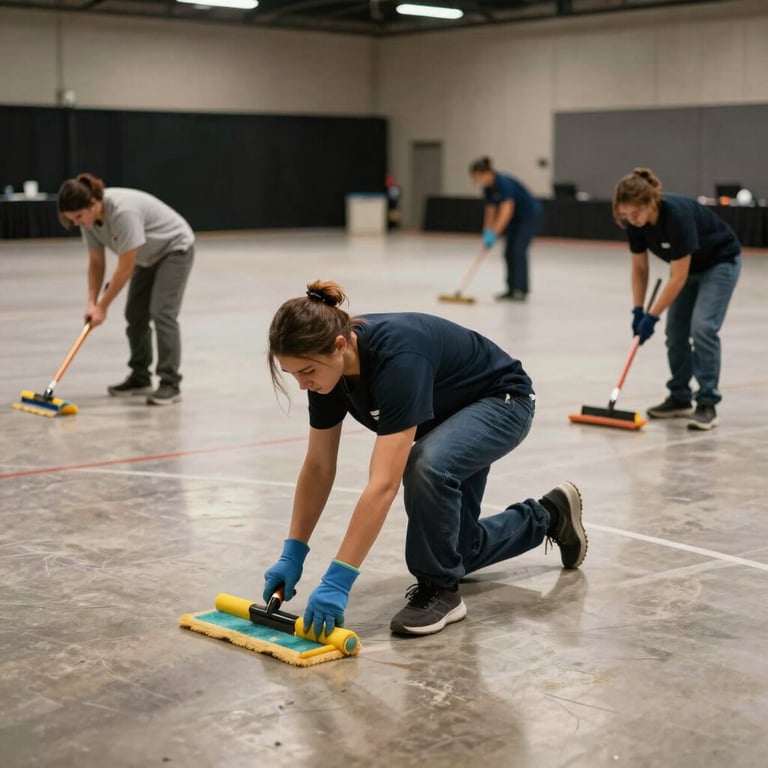A team of cleaning professionals polishing the floors of a large event venue in North American / US.
