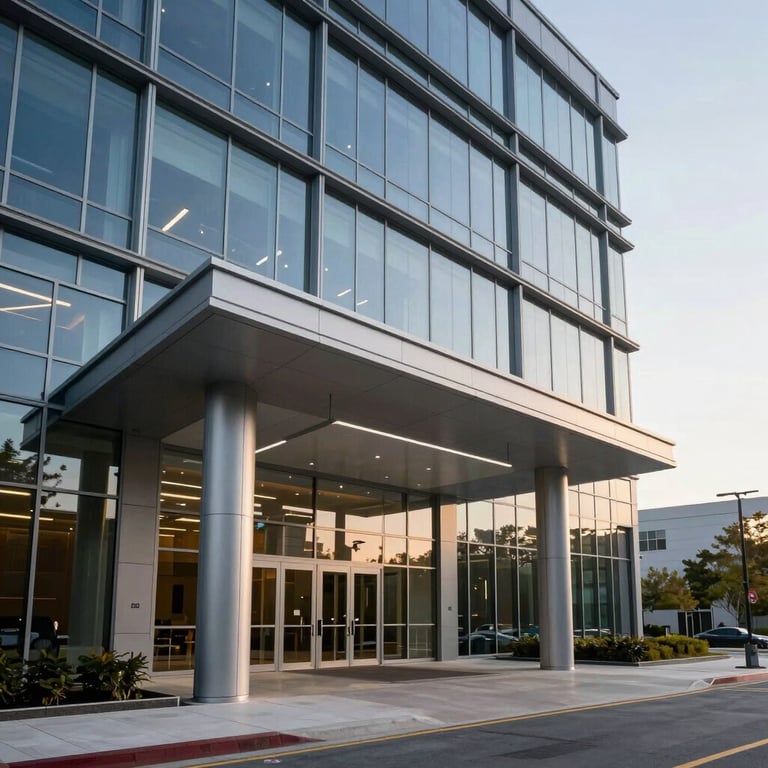 A professional wide-angle photograph of a modern, clean corporate headquarters entrance with glass and steel architecture, soft morning light, North American / US location, reflecting a premium and reliable business atmosphere in shades of navy blue and pale grey.