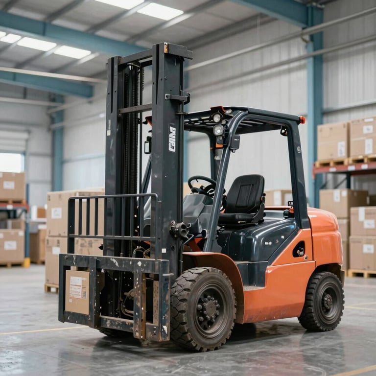 A heavy-duty forklift moving crates in a vast, organized warehouse with white and light blue infrastructure.