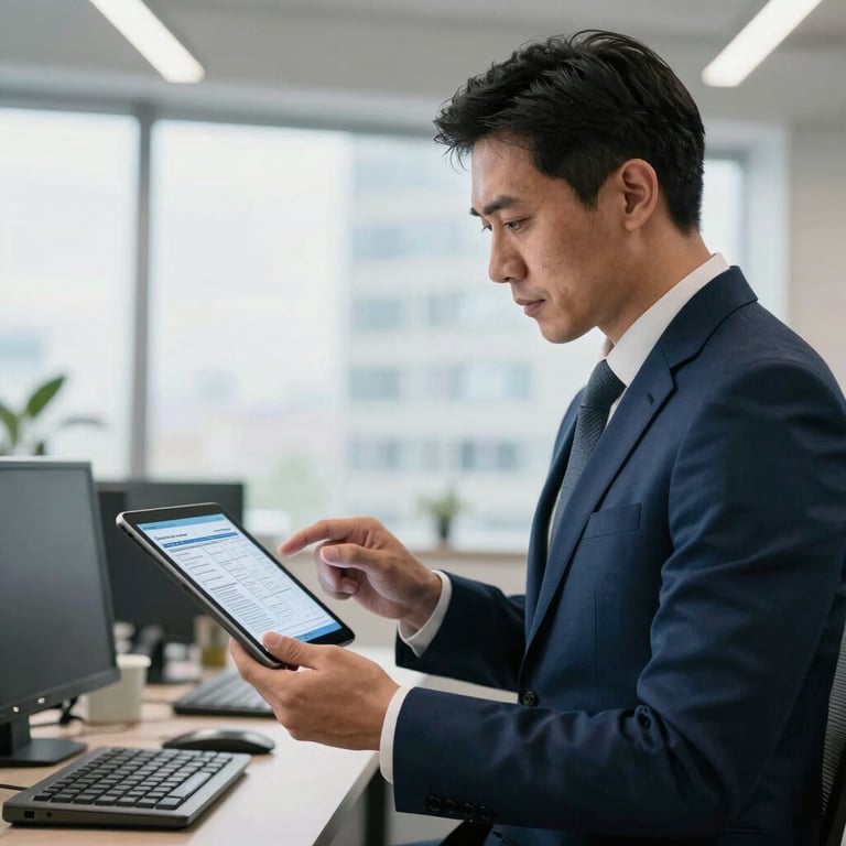A logistics manager in a professional dark blue suit reviewing digital manifests on a tablet in a bright North American office.
