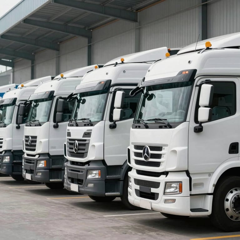 A fleet of modern white semi-trucks parked neatly at a distribution center with a clean, industrial aesthetic.