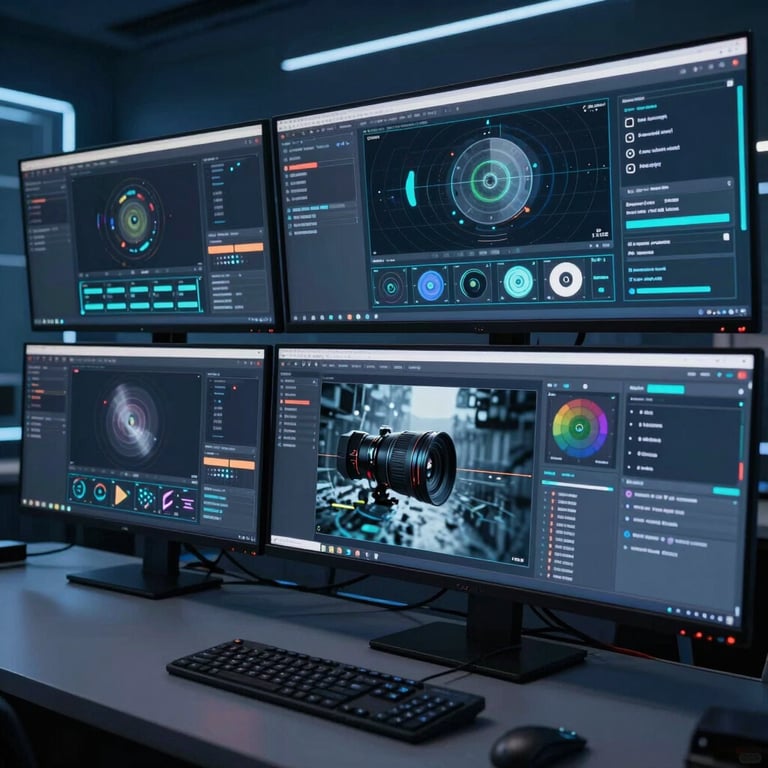 High-tech tracking software interface displayed on multiple monitors in a dark blue control room.