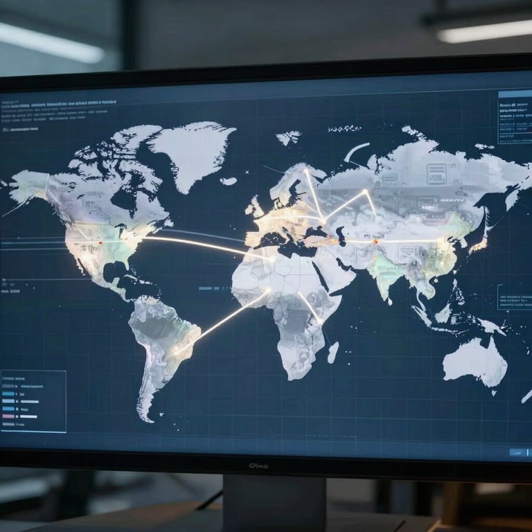 A global map glowing on a digital screen with interconnected transit lines in a high-tech corporate environment.