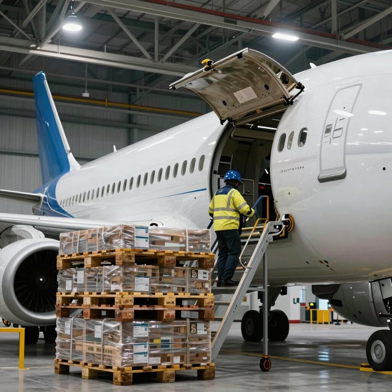 Close-up of a cargo plane being loaded with pallets under bright hangar lights, emphasizing cutting-edge efficiency.