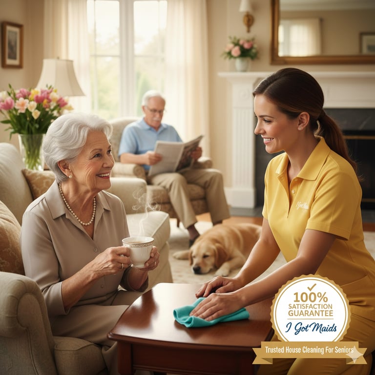Professional maid cleaning a table for a happy senior woman in a tidy living room.