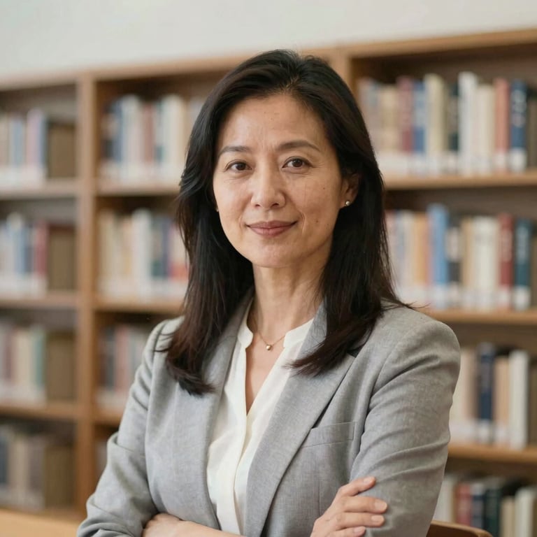 A portrait of a compassionate female educator in a library setting, reflecting trustworthiness and rigor.