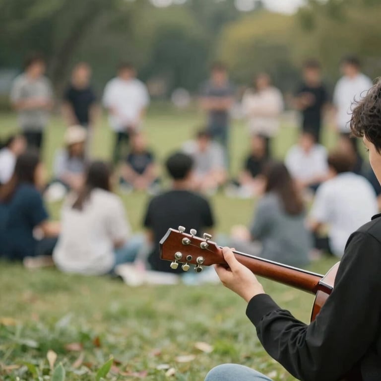 A community gathering in a park, blurred in the background, with a foreground focus on a guitar, emphasizing outreach.